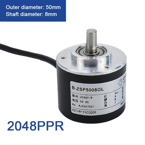 50mm Incremental Rotary Encoder With 8mm Shaft Optical AB Quadrature Two Phase Pro Grade High Resolution PPR Options 10 1024 3600 5 To 24V DC Driver Output 5V ZSP5008 2048PPR Module For Precise Motor Control
