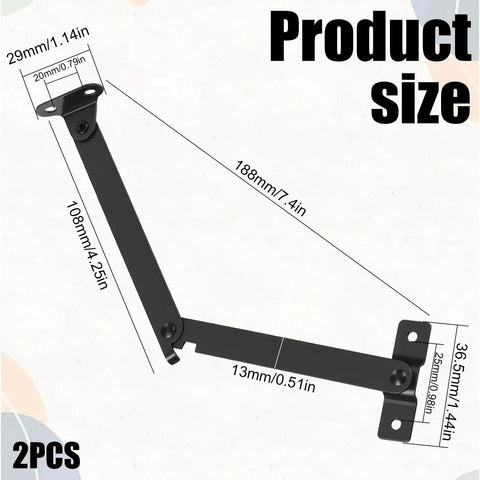 Two Pack Lid Support Hinges, Rotatable Folding Black Cabinet Hinges With Soft Close Locking, product dimensions diagram