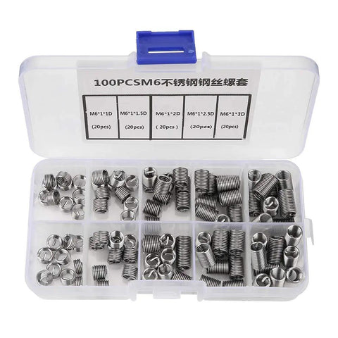 Cool M6 Threaded Insert Kit With 100pcs Stainless Steel Repair Parts For Stripped Screw Holes In Five Sizes Including Deep Threading Specs And A Tidy Divided Storage Box. open storage box with M6 stainless steel threaded inserts in five sizes