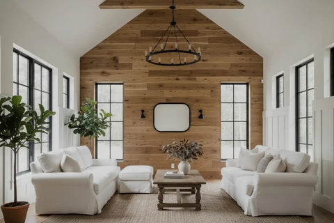 Cozy living room featuring white furniture, rustic wood walls, and natural light, showcasing Top Notch Rustic Walnut Reactive Wood Stain.