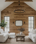 Cozy living room with white sofas, wooden wall, and rustic table featuring Top Shelf Rustic Walnut Brown Oxidizing Wood Stain.