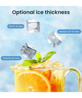 Optional ice thickness settings displayed over refreshing drink with ice cubes for Hassle Free Countertop Ice Maker With 30 Lbs Daily Yield And Automatic Self Cleaning Plus 24 Hour Smart Timer For Crisp Cubes Includes Quick Grab Scoop And Carry Basket For Backyard Chill.
