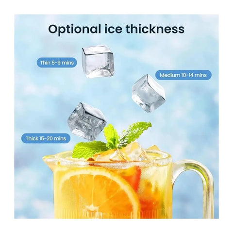 Optional ice thickness settings displayed over refreshing drink with ice cubes for Hassle Free Countertop Ice Maker With 30 Lbs Daily Yield And Automatic Self Cleaning Plus 24 Hour Smart Timer For Crisp Cubes Includes Quick Grab Scoop And Carry Basket For Backyard Chill.