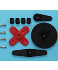 HS-625MG Heavy Duty Competition Servo parts including gears and screws on blue background.