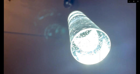Slick Modern Pendant Light With LED Bubble Crystal Shades for Kitchen Island, close-up of illuminated shade, Chrome Mini Single Island Fixture.