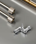 360 Degree Swivel 2 Way Air Hose Splitter with Nickel Plated Steel Pneumatic Fitting on a metallic surface
