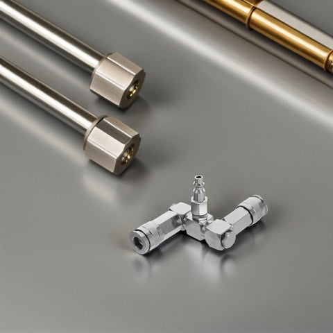 360 Degree Swivel 2 Way Air Hose Splitter with Nickel Plated Steel Pneumatic Fitting on a metallic surface