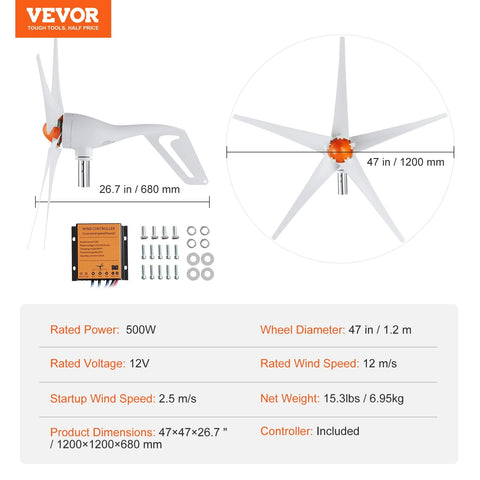 Diagram of 500W Wind Turbine Kit With MPPT Controller And 5 Blade Power Generator, 12V System, dimensions and parts layout.