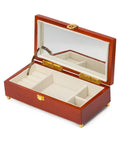 Wooden jewelry box with open lid displaying soft interior compartments and bronze finish lid stay hinges.