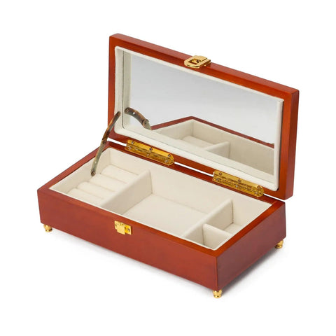Wooden jewelry box with open lid displaying soft interior compartments and bronze finish lid stay hinges.