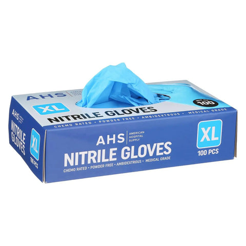 Heavy Duty Chemo Rated Nitrile Exam Gloves In X Large Fit With 1000 Powder Free Count, blue box with gloves.