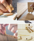 Wooden Dowel Pins Set, 200 Pcs, Nine Sizes With Tapered Beveled Ends and Fluted Grooves, used in various woodworking projects.