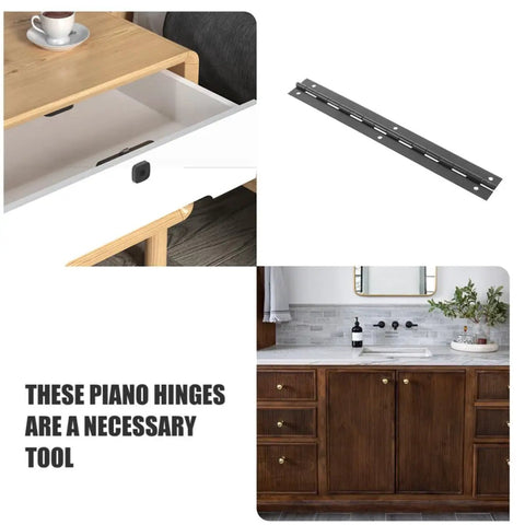 Long Piano Hinge For Jewelry Boxes And Small Wooden Boxes With Black Stainless Steel Finish shown in cabinet use.