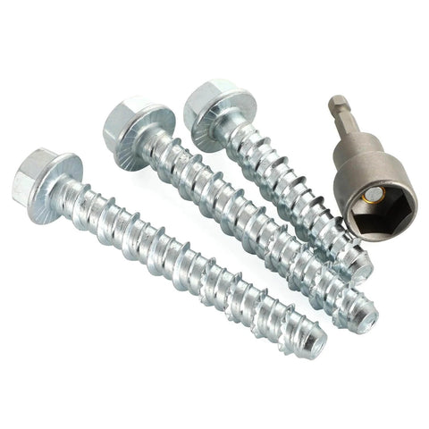 Three Eighths Inch By Four Inch Zinc Plated Large Diameter Concrete Screw For Anchoring To Masonry Concrete Brick Or Block Pack Of 25 With Included Socket Tool For Heavy Duty Use shown close-up with tools