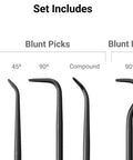Set includes Blunt Pick And Hook Set Five-Piece For Precision Mechanical Work With Straight, 45, 90, Compound Picks, 0.040 Inch Tips