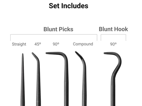 Set includes Blunt Pick And Hook Set Five-Piece For Precision Mechanical Work With Straight, 45, 90, Compound Picks, 0.040 Inch Tips