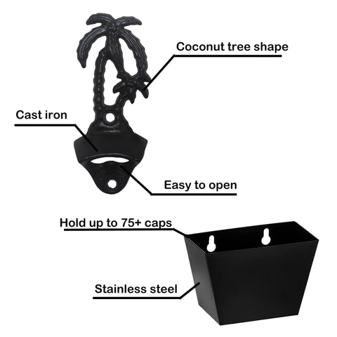 Heavy Duty Black Palm Tree Wall Mounted Beer Bottle Opener with Rugged Cap Catcher Bucket, cast iron and stainless steel design for home bar.