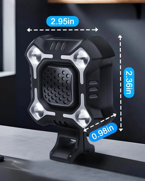 2 In 1 Bike Horn With Headlight 118dB Loud Bicycle Bell USB C Rechargeable Three Light Modes IP65 Waterproof DIY Dope Customizable Ringtone Bike Bell For Mountain Road E Bike Scooter with dimensions 2.95in x 2.36in x 0.98in shown.