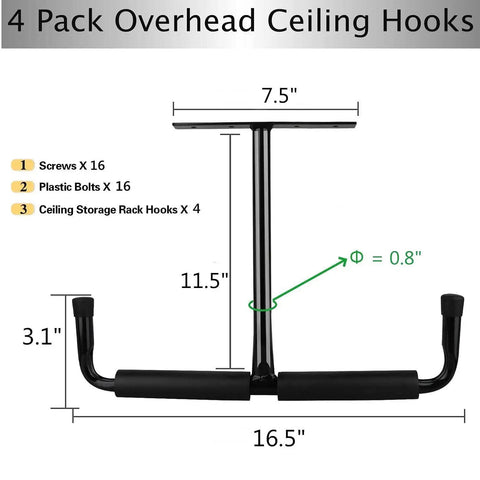 Overhead Garage Storage Hooks Rack Ceiling Mounted Heavy Duty Utility Hooks Ladder Hangers For Pipe Lumber Fishing Rod Ski Board 4 Pack Black Beefy Sturdy Premium Tubular Steel Construction For Maximum Load Holds Up To 80 Pounds.