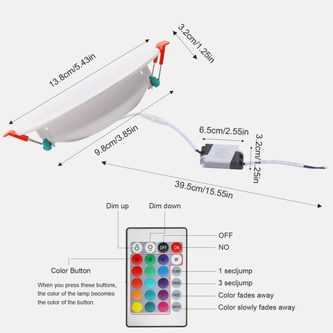 LED Recessed Ceiling Lights 4 To 5 Inch 10W Lit Color Changing Dimmable RGB Downlights with remote and dimensions