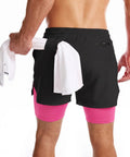 Back view of Two In One Men's Running Shorts with Liner, Black Pink, showing towel loop and zip pocket detail.