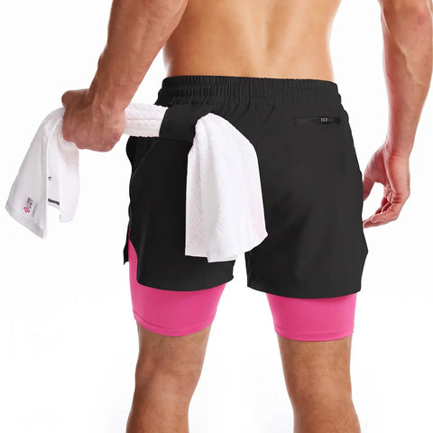 Back view of Two In One Men's Running Shorts with Liner, Black Pink, showing towel loop and zip pocket detail.
