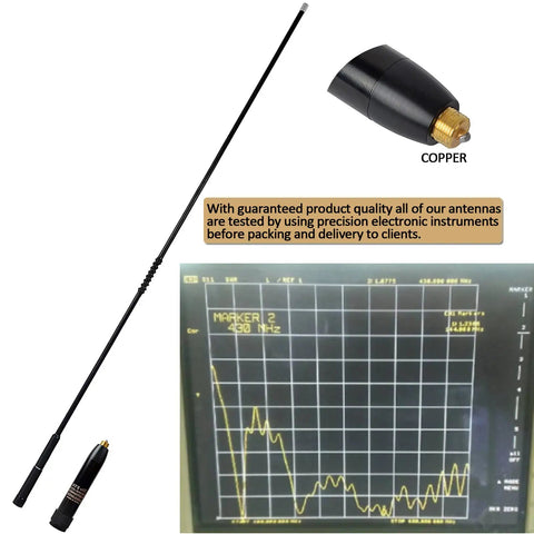 Rig-Ready Dual Band VHF UHF Car Antenna For 2m 70cm Radios 144 To 430MHz With Low VSWR Under 1.5 And 3.85dBi To 6.5dBi Gain Fits Yaesu Kenwood Icom HYT Vertex Radios Black with VSWR graph, connector close-up, and product quality assurance text.