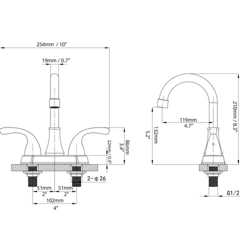 Technical diagram of Lead Free Brushed Nickel 4 Inch Two Handle Bathroom Sink Faucet With Pop Up Drain And Flexible Supply Lines