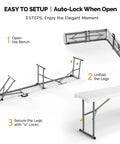 Setup steps for 6 Ft Folding Picnic Bench With HDPE Tabletop, Totally Portable Indoor Outdoor Seating, with gray frame visible.