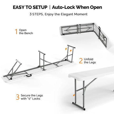 Setup steps for 6 Ft Folding Picnic Bench With HDPE Tabletop, Totally Portable Indoor Outdoor Seating, with gray frame visible.