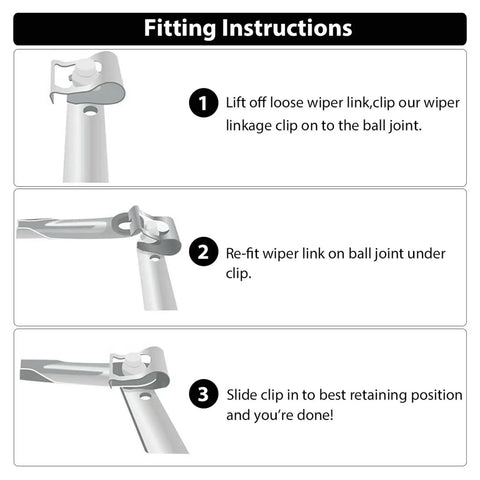 Top Quality 6 Piece Windscreen Wiper Fixing Clips In Manganese Silver For Quick Car Repair And Linkage Clamp Fixes On Most Common Vehicles To Get You Back On The Road In A Jiffy. Fitting instructions for wiper linkage clip on ball joint