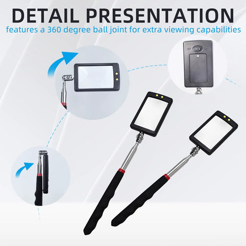 Two Pack Telescoping Lighted Inspection Mirror With 34.5 Inch Extendable Handle 360 Degree Rotating Mirror Tool On A Stick