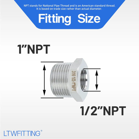 Top Shelf Stainless Steel 316 Hex Bushing Reducer Fitting One Inch Male To One Half Female Npt Pipe Connector Marine Fuel Water Line showing size specifications.