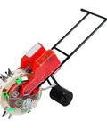 Hand Push Garden Seeder Spreader With Dual Seed And Fertilizer Buckets, Roller Seeding And Fertilizer Applicator, angled view