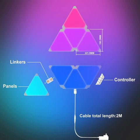 Nine Pack RGB Triangle Wall Light Panels With App Control Tuya Smart Smart Life Alexa Google Home Compatibility Rhythm Edition diagram.