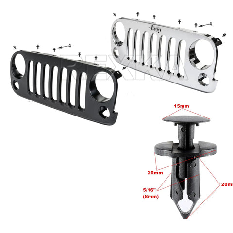 Top Notch 25 Pack Grille Push Pin Retainer Clips And Bumper Cover Fastener Rivets Tough As Nails Automotive Hardware Simple Swap For Jeep Wrangler And Grand Cherokee Fix It Fast Auto Parts Kit including black grille panel and push pin fastener.