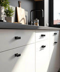Kitchen with cabinets featuring Six Pack Matte Black Solid Cabinet Knobs For Kitchen Cabinets Cupboards Drawers And Dressers Built To Last Zinc Alloy Hardware With One Hole And One And A Half Inch Overall Length.