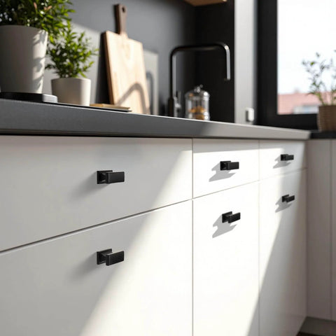 Kitchen with cabinets featuring Six Pack Matte Black Solid Cabinet Knobs For Kitchen Cabinets Cupboards Drawers And Dressers Built To Last Zinc Alloy Hardware With One Hole And One And A Half Inch Overall Length.