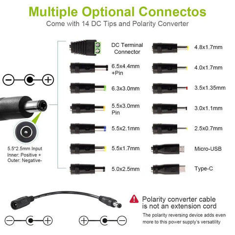 14 DC tips for Versatile Adjustable DC Power Supply 3V To 36V 4A 144W With LCD Display, including connectors and polarity converter.