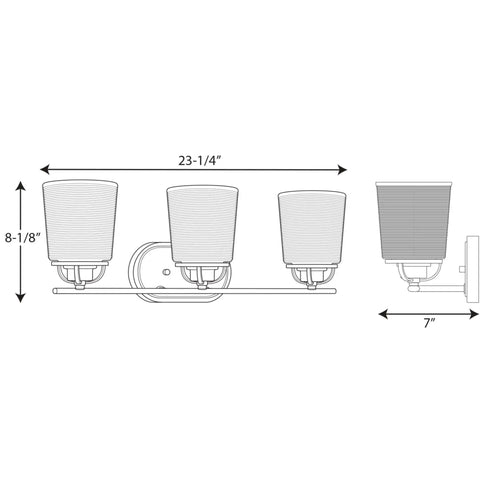 West Village Bath And Vanity Light Fixture In Antique Bronze, Modern Industrial Style dimensions illustration with three glass shades