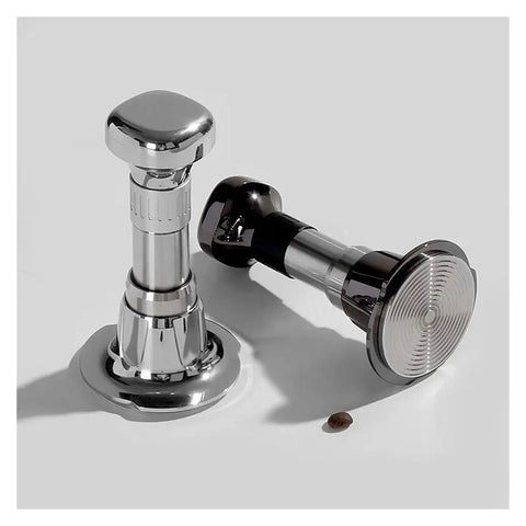 Pro Grade Stainless Steel Espresso Tamper Kit With Auto Rebound For 51 53 And 58 Mm Portafilters, showing two tamper types.