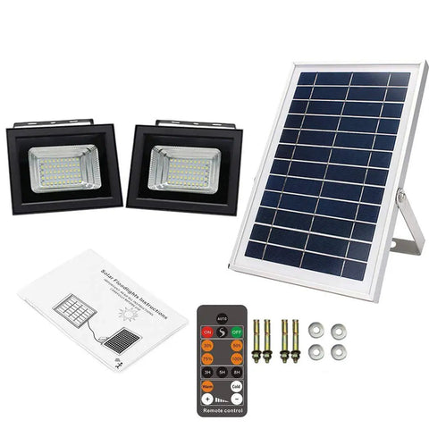 JUDYSSY Outdoor Remote Solar Flood Lights Led Solar Panels with Charging Indicator, includes two flood lights and remote control.