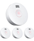 Rugged 4 Pack Photoelectric Smoke Detectors With 10 Year Sealed Battery And Low Power Chirp UL217 Certified showing four white smoke alarms.