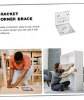 Rock Solid Stainless Steel Corner Bracket And L Bracket Shelf Support For Dope Home Upgrades Heavy Duty right angle brace being installed on bookshelf.