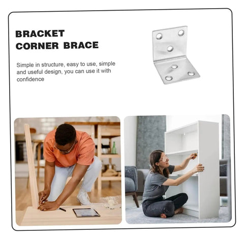 Rock Solid Stainless Steel Corner Bracket And L Bracket Shelf Support For Dope Home Upgrades Heavy Duty right angle brace being installed on bookshelf.