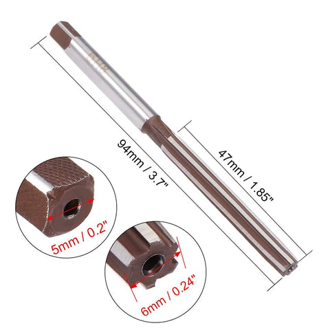 Side view of 6mm hand reamer with brown-coated tip, 94 mm overall length, 6 straight flutes