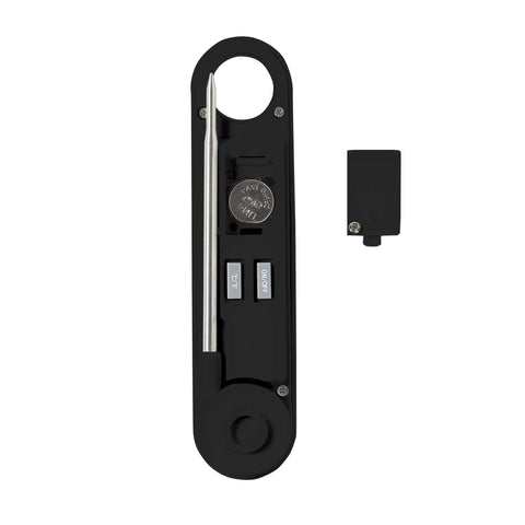 Back view of Instant Read Digital Meat Thermometer For Grilling And Tailgating showing battery compartment, black color