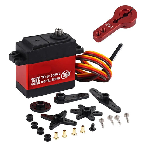 Heavy Duty 35KG High Torque Digital Servo Runs Slick With Full 360 Degree Rotation And Waterproof Coreless Motor paired with 25T metal arm accessories.