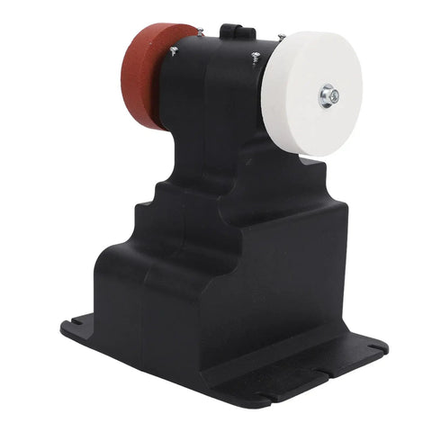 Cordless Mini Bench Grinder With Dual Grinding Discs And Kickass Copper Motor For Heavy Metalworking And Smooth Sharpening Zero Plug Hassle Portable Power Tool close-up, black base and dual discs.
