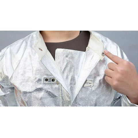 Badass Heavy Duty Heat Resistant Coveralls Featuring Aluminum Foil Thermal Radiation Protection Built For Extreme 1200 Degree Fireproof Flame Retardant Firefighter Jumpsuit close-up of the collar and snap button.